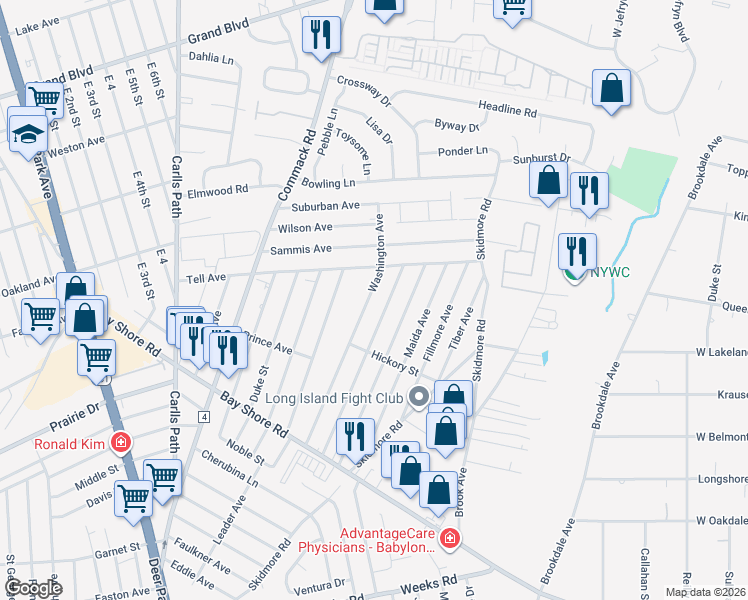 map of restaurants, bars, coffee shops, grocery stores, and more near 145 Washington Avenue in Deer Park