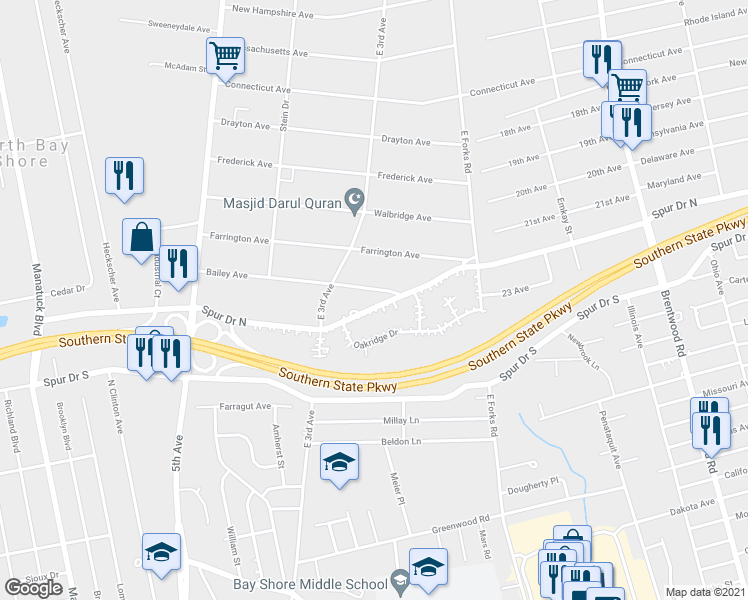 map of restaurants, bars, coffee shops, grocery stores, and more near 561 Spur Drive North in Bay Shore