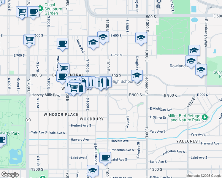 map of restaurants, bars, coffee shops, grocery stores, and more near 859 South 1100 East in Salt Lake City