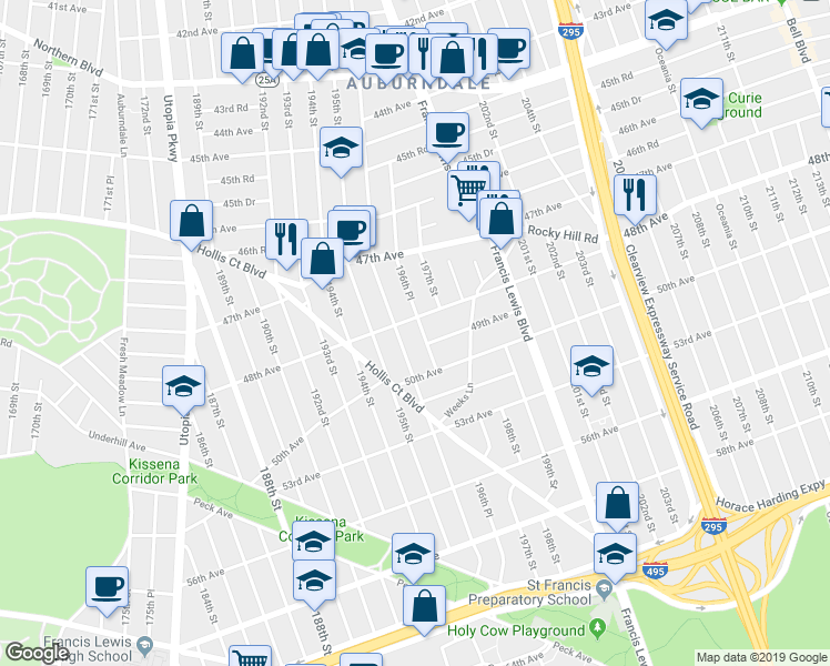 map of restaurants, bars, coffee shops, grocery stores, and more near 48-12 196th Place in Queens