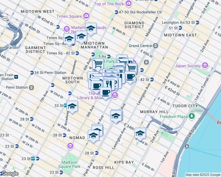 map of restaurants, bars, coffee shops, grocery stores, and more near 19 East 38th Street in New York