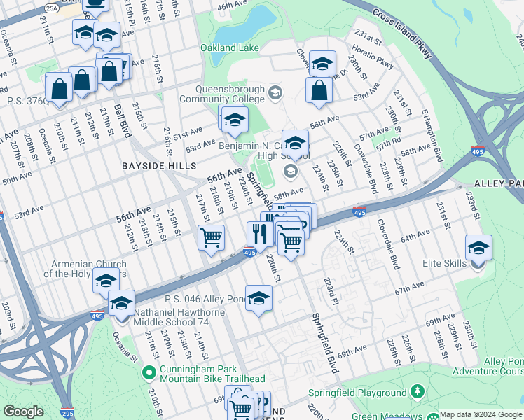 map of restaurants, bars, coffee shops, grocery stores, and more near 220-14 58th Avenue in Queens
