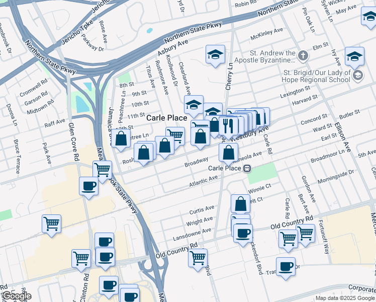 map of restaurants, bars, coffee shops, grocery stores, and more near 449 Westbury Avenue in Carle Place