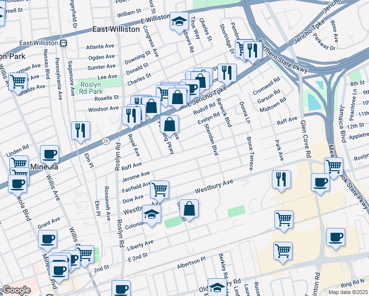 map of restaurants, bars, coffee shops, grocery stores, and more near 174 Raff Avenue in Mineola