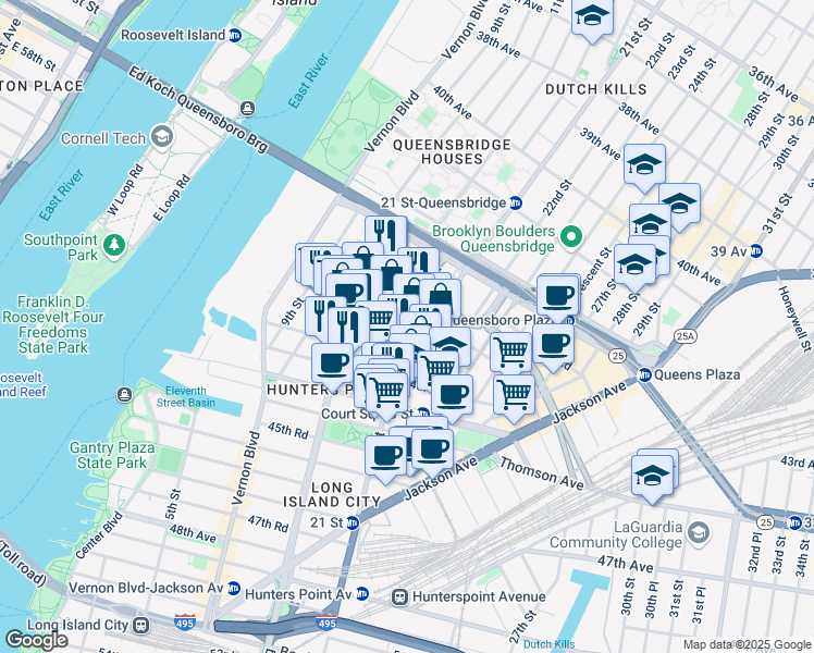 map of restaurants, bars, coffee shops, grocery stores, and more near 13-06 43rd Avenue in Queens