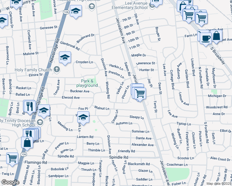map of restaurants, bars, coffee shops, grocery stores, and more near 25 Valley Lane in Hicksville