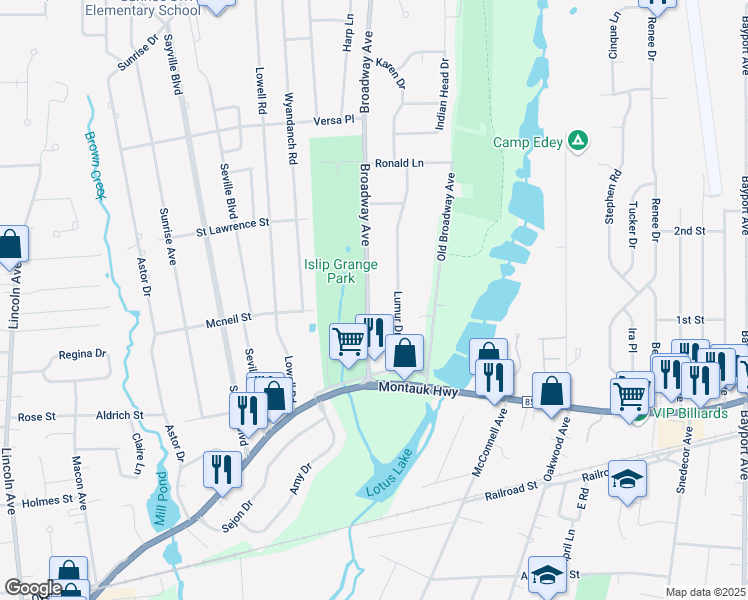 map of restaurants, bars, coffee shops, grocery stores, and more near 57 Broadway Avenue in Sayville