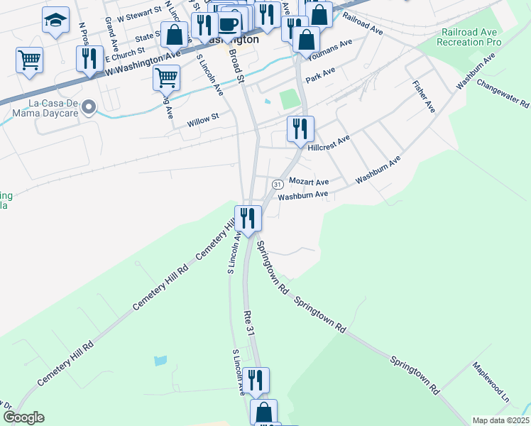 map of restaurants, bars, coffee shops, grocery stores, and more near 218 Route 31 in Washington