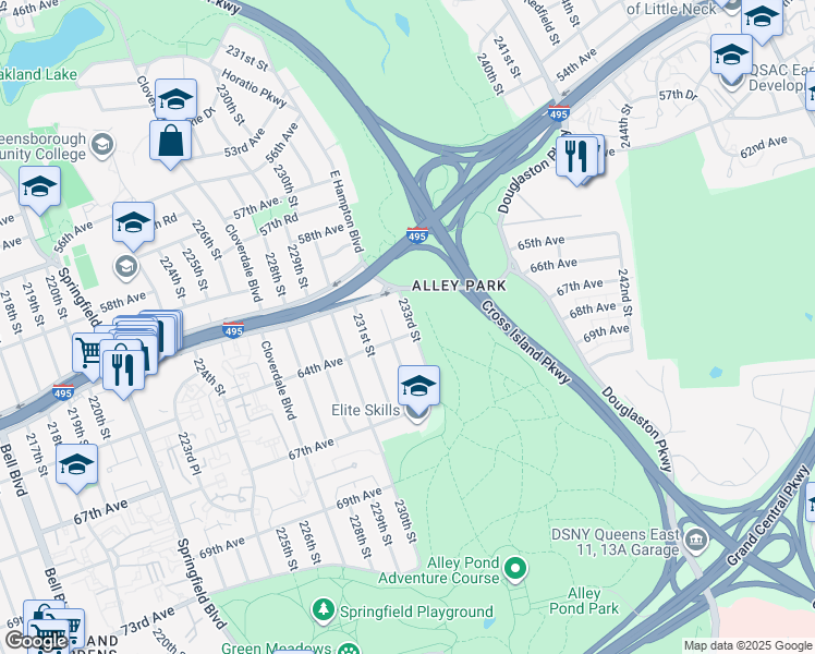 map of restaurants, bars, coffee shops, grocery stores, and more near 232-19 64th Avenue in Queens
