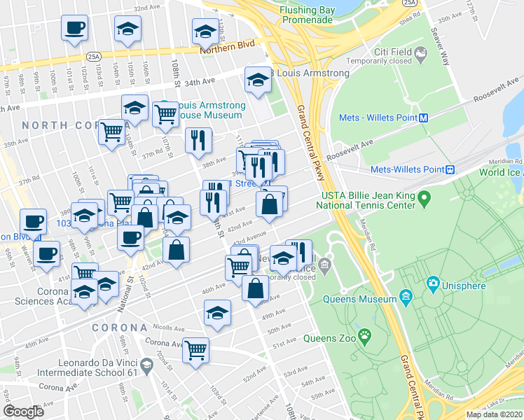 map of restaurants, bars, coffee shops, grocery stores, and more near 41-12 111th Street in Queens