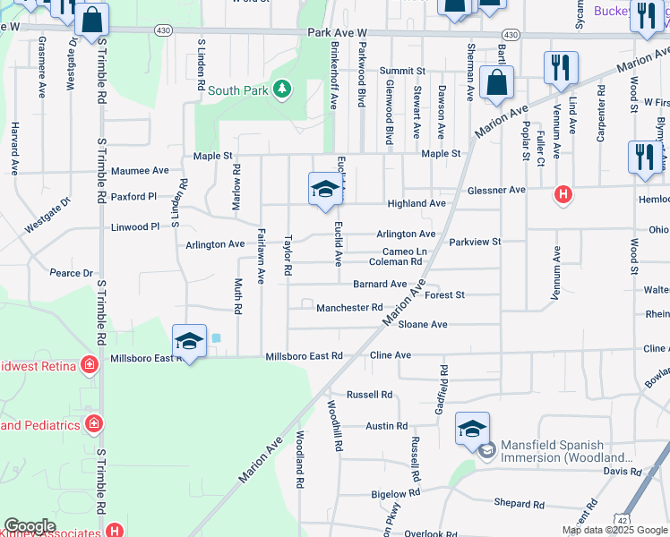 map of restaurants, bars, coffee shops, grocery stores, and more near 669 Coleman Road in Mansfield