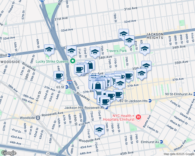 map of restaurants, bars, coffee shops, grocery stores, and more near 73-12 35th Avenue in Queens