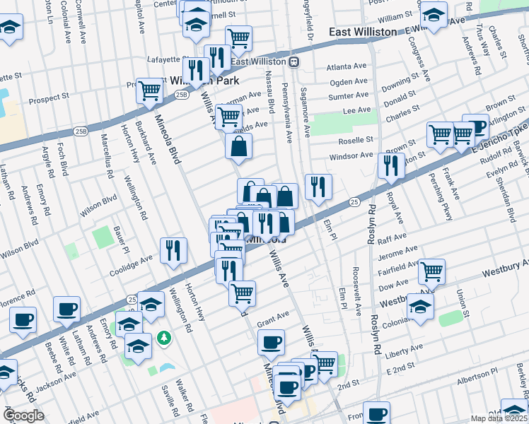 map of restaurants, bars, coffee shops, grocery stores, and more near 311 Schuster Avenue in Mineola