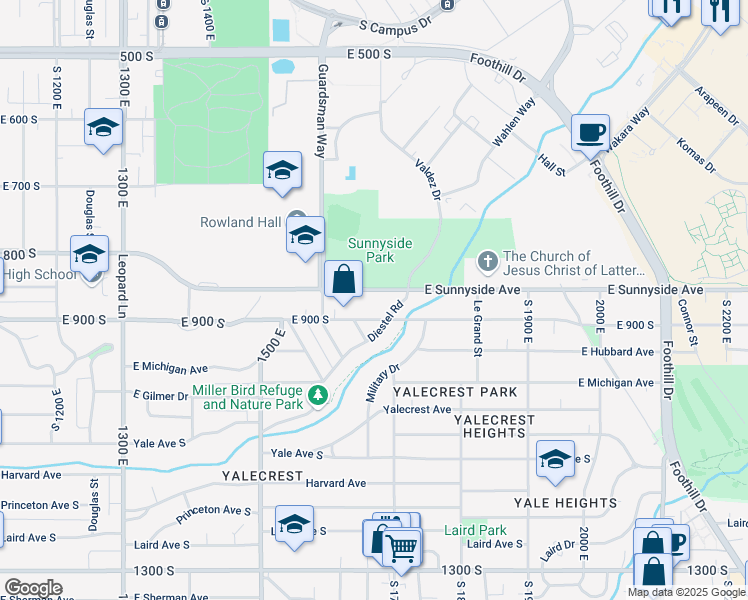 map of restaurants, bars, coffee shops, grocery stores, and more near 1676 Sunnyside Avenue South in Salt Lake City