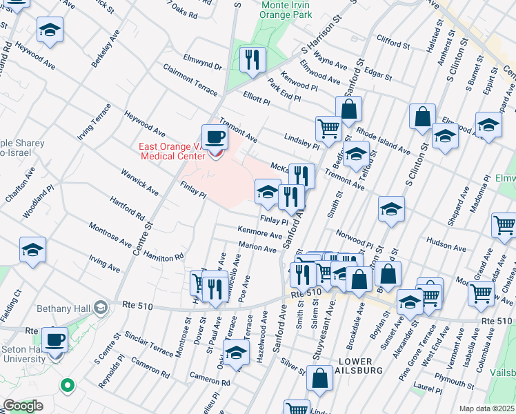 map of restaurants, bars, coffee shops, grocery stores, and more near 52 Lanark Avenue in Newark