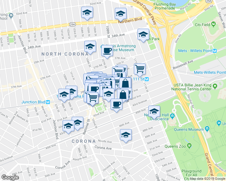 map of restaurants, bars, coffee shops, grocery stores, and more near 104-43 Roosevelt Avenue in Queens