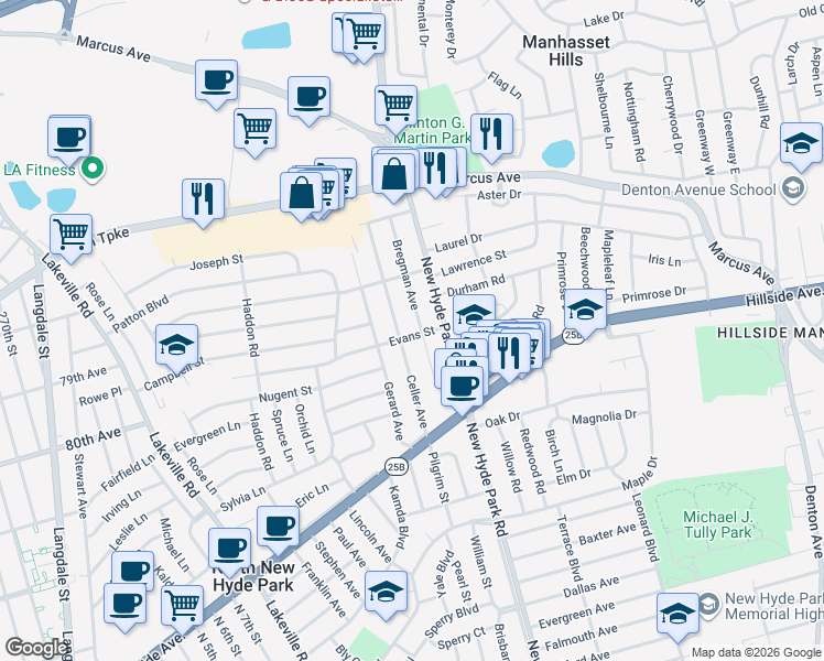 map of restaurants, bars, coffee shops, grocery stores, and more near 33 Evans Street in New Hyde Park