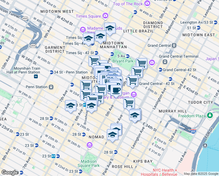 map of restaurants, bars, coffee shops, grocery stores, and more near 15 West 36th Street in New York