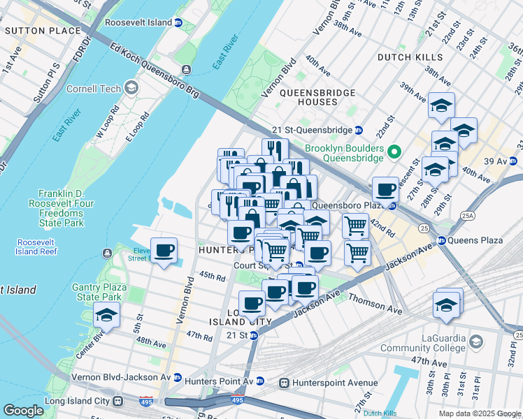 map of restaurants, bars, coffee shops, grocery stores, and more near 11-20 43rd Road in Queens