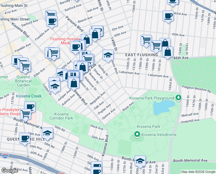 map of restaurants, bars, coffee shops, grocery stores, and more near 143-19 Negundo Avenue in Queens