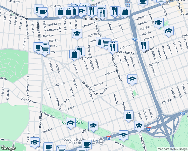 map of restaurants, bars, coffee shops, grocery stores, and more near 48-12 196th Place in Queens