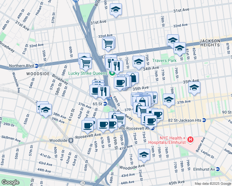 map of restaurants, bars, coffee shops, grocery stores, and more near 69-2 35th Avenue in Queens