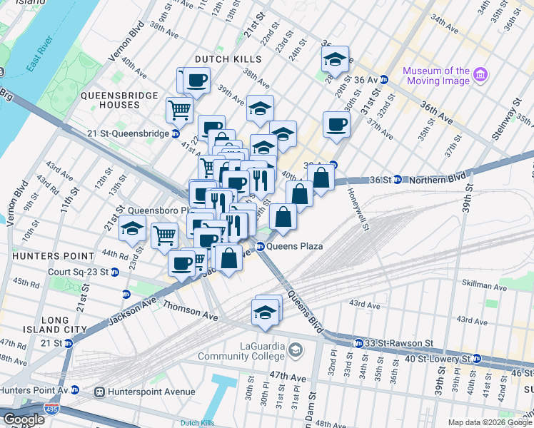 map of restaurants, bars, coffee shops, grocery stores, and more near 29-37 41st Avenue in Queens