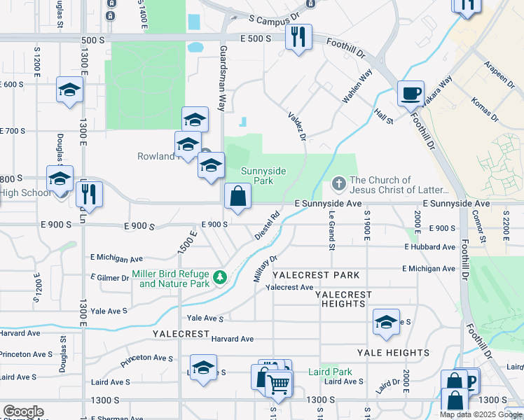 map of restaurants, bars, coffee shops, grocery stores, and more near 1676 Sunnyside Avenue South in Salt Lake City