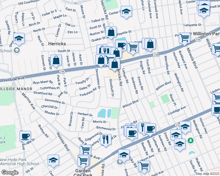 map of restaurants, bars, coffee shops, grocery stores, and more near 27 Stoothoff Drive in New Hyde Park