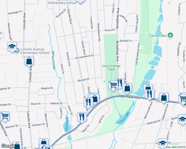 map of restaurants, bars, coffee shops, grocery stores, and more near 115 Lowell Road in Sayville