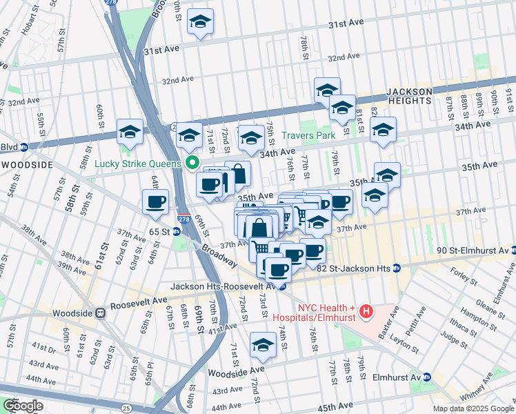 map of restaurants, bars, coffee shops, grocery stores, and more near 35-02 73rd Street in Queens