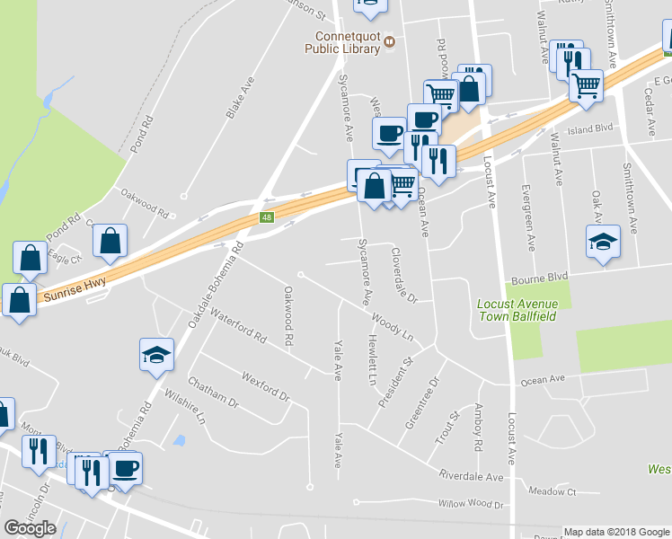 map of restaurants, bars, coffee shops, grocery stores, and more near 16 Edmarc Court in Oakdale