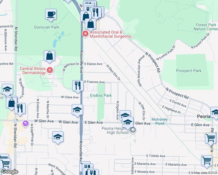 map of restaurants, bars, coffee shops, grocery stores, and more near 5215 North Roberts Road in Peoria Heights