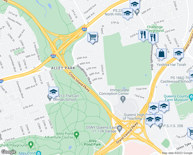 map of restaurants, bars, coffee shops, grocery stores, and more near 240-31 69th Avenue in Queens