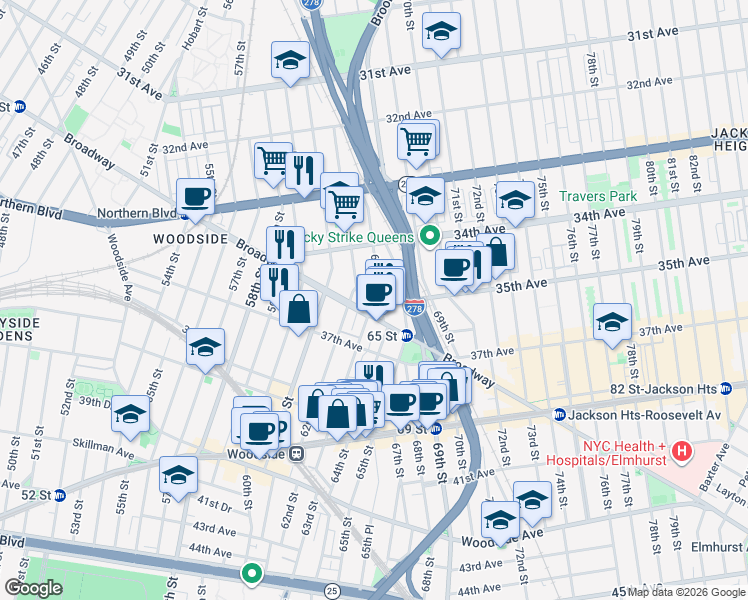 map of restaurants, bars, coffee shops, grocery stores, and more near 34-62 64th Street in Queens