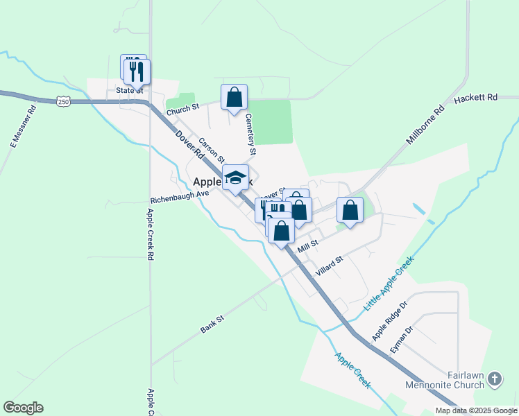 map of restaurants, bars, coffee shops, grocery stores, and more near 102 West Main Street in Apple Creek