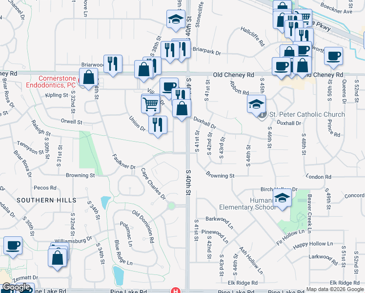 map of restaurants, bars, coffee shops, grocery stores, and more near 6120 Village Drive in Lincoln