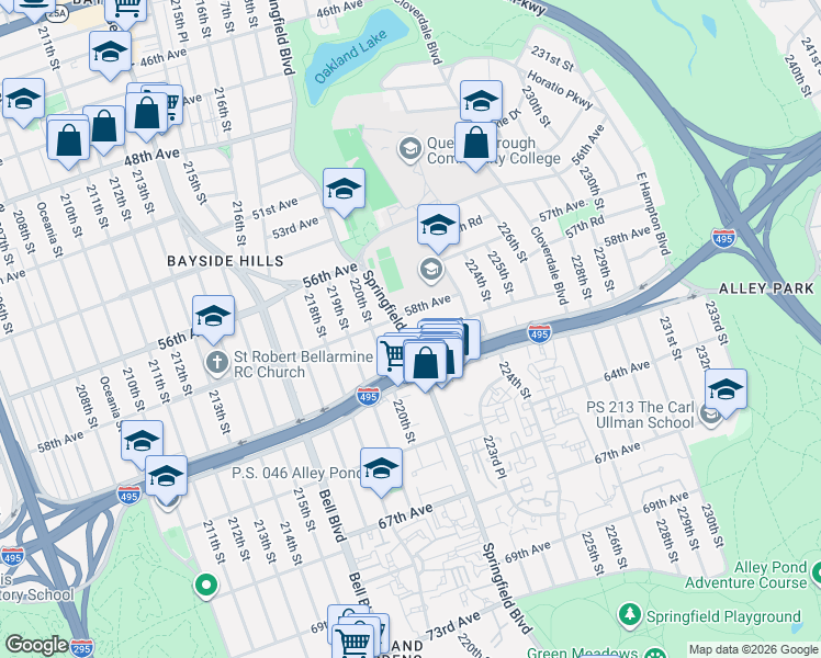 map of restaurants, bars, coffee shops, grocery stores, and more near 220-14 58th Avenue in Queens