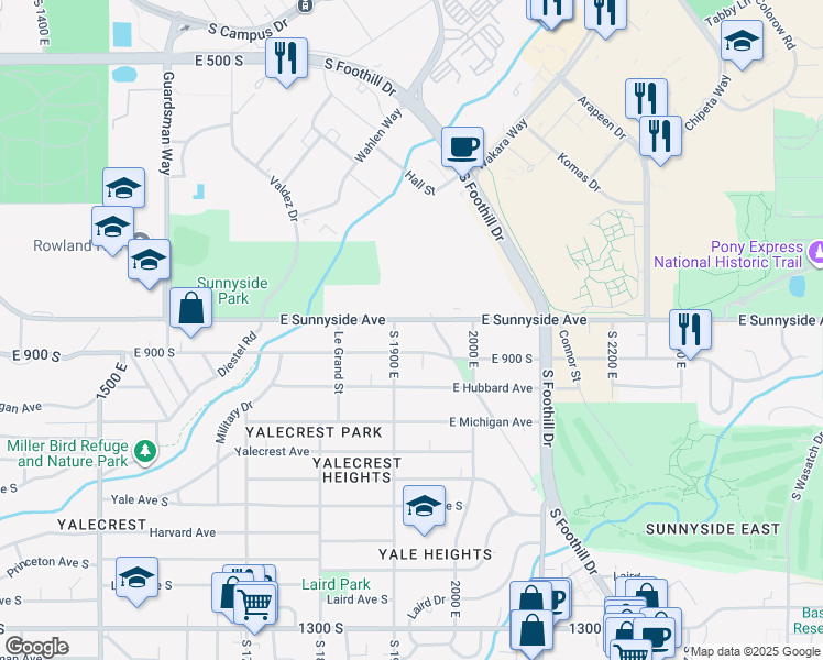 map of restaurants, bars, coffee shops, grocery stores, and more near 1920 East Sunnyside Avenue in Salt Lake City