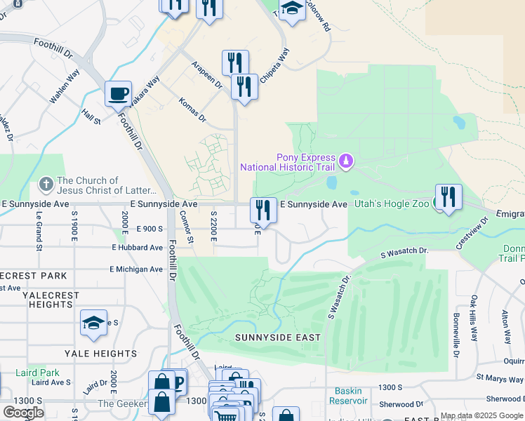 map of restaurants, bars, coffee shops, grocery stores, and more near 2306 East Sunnyside Avenue in Salt Lake City