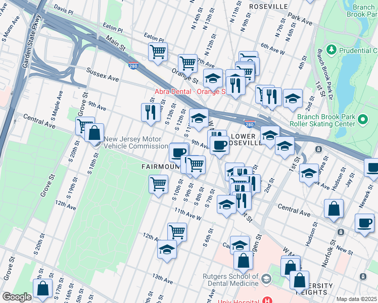 map of restaurants, bars, coffee shops, grocery stores, and more near 77 South 10th Street in Newark