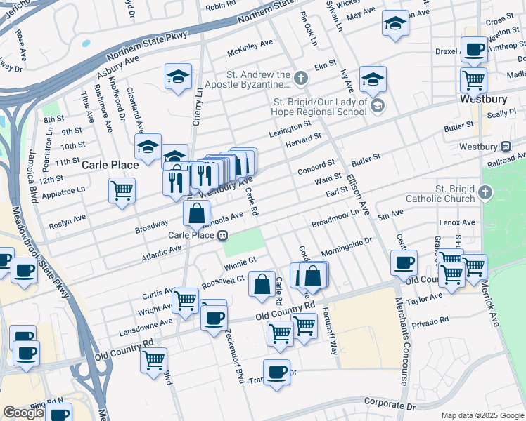 map of restaurants, bars, coffee shops, grocery stores, and more near 143 Earl Street in Westbury