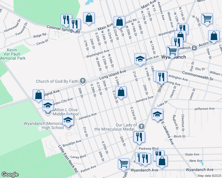 map of restaurants, bars, coffee shops, grocery stores, and more near 76 Garden City Avenue in Wyandanch