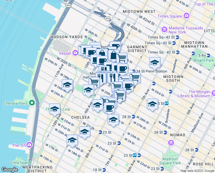 map of restaurants, bars, coffee shops, grocery stores, and more near 370 West 30th Street in New York