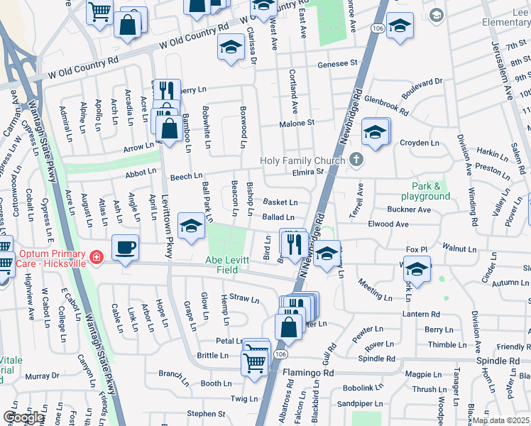 map of restaurants, bars, coffee shops, grocery stores, and more near 9 Ballad Lane in Hicksville