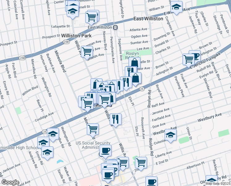map of restaurants, bars, coffee shops, grocery stores, and more near 298 Nassau Blvd in Mineola