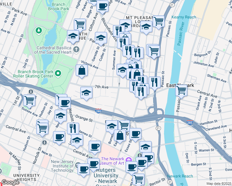 map of restaurants, bars, coffee shops, grocery stores, and more near Wicker Court in Newark