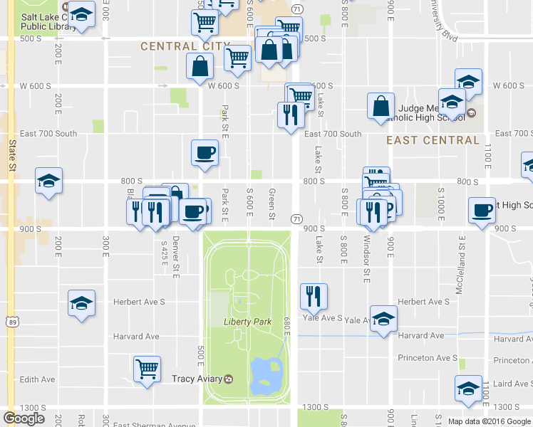 map of restaurants, bars, coffee shops, grocery stores, and more near 856 Green Street in Salt Lake City