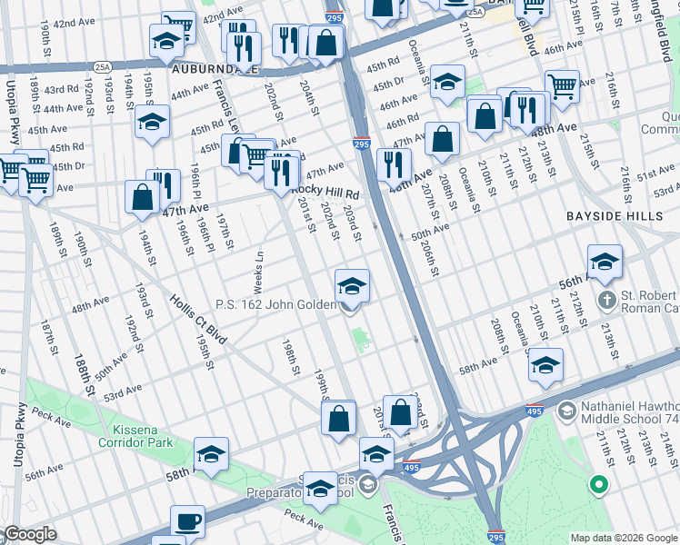 map of restaurants, bars, coffee shops, grocery stores, and more near 201-14 50th Avenue in Queens