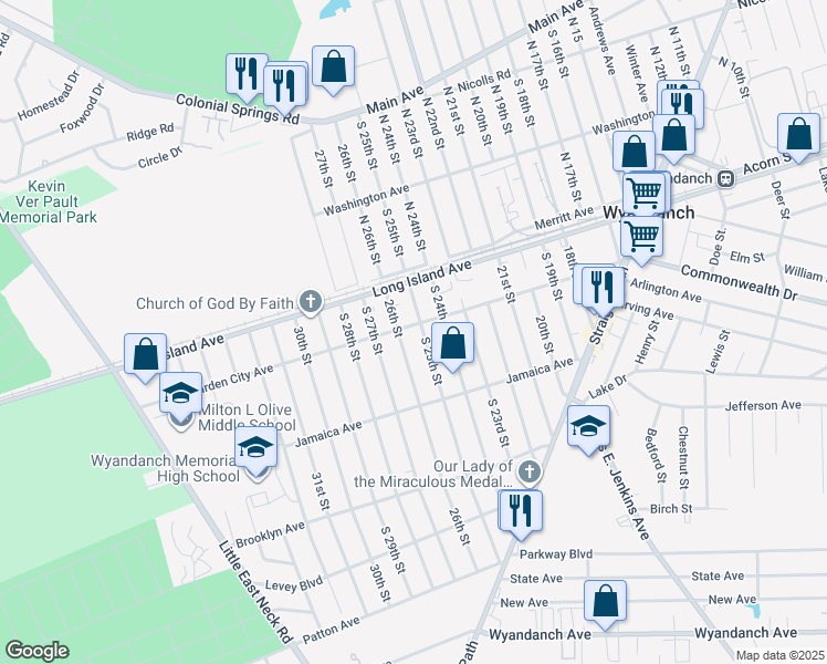 map of restaurants, bars, coffee shops, grocery stores, and more near 76 Garden City Avenue in Wyandanch